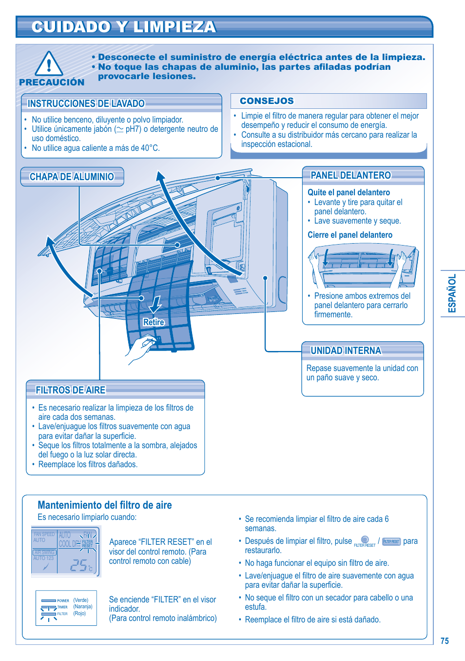 Cuidado y limpieza, Mantenimiento del fi ltro de aire | Panasonic S-28KA1E5 User Manual | Page 75 / 108