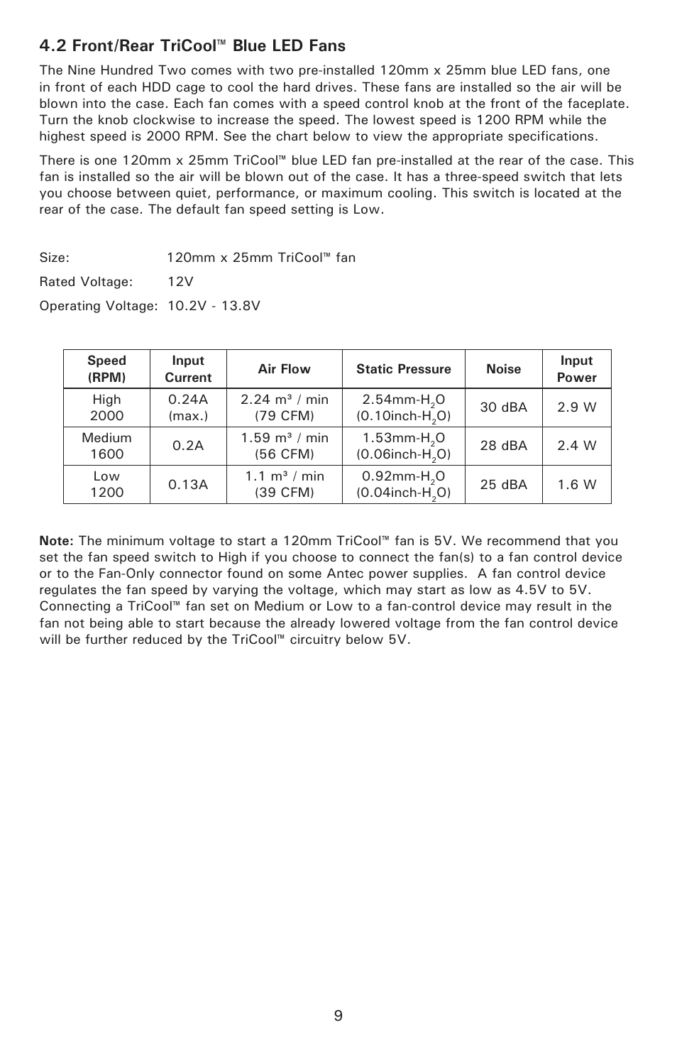 2 front/rear tricool™ blue led fans | Antec Nine Hundred Two User Manual | Page 11 / 13