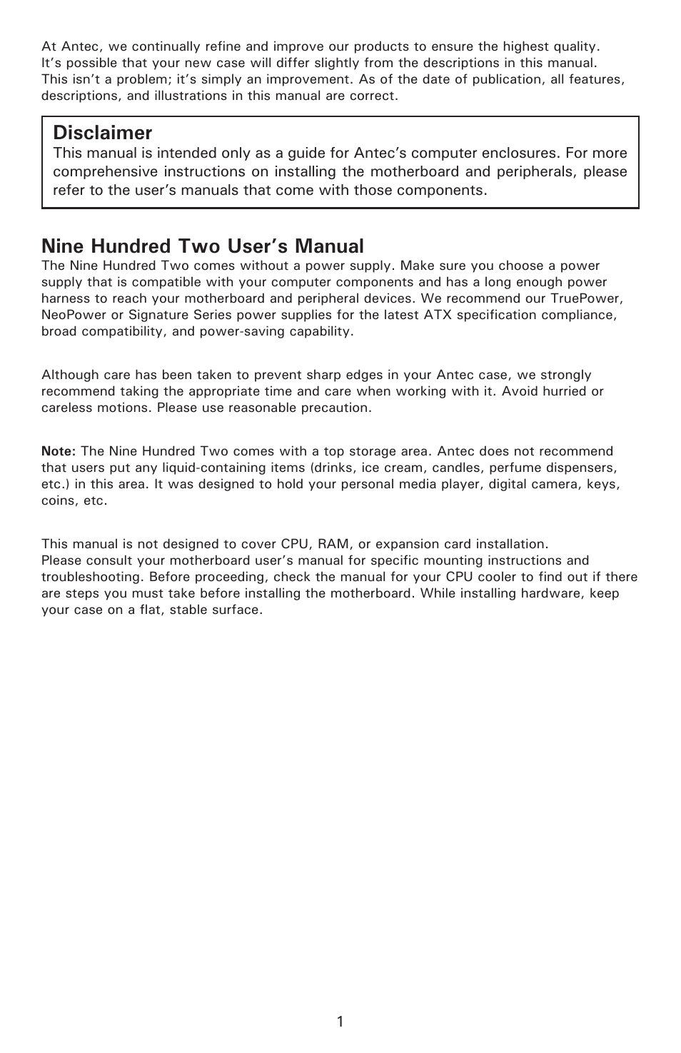 Nine hundred two user’s manual, Disclaimer | Antec Nine Hundred Two User Manual | Page 3 / 13