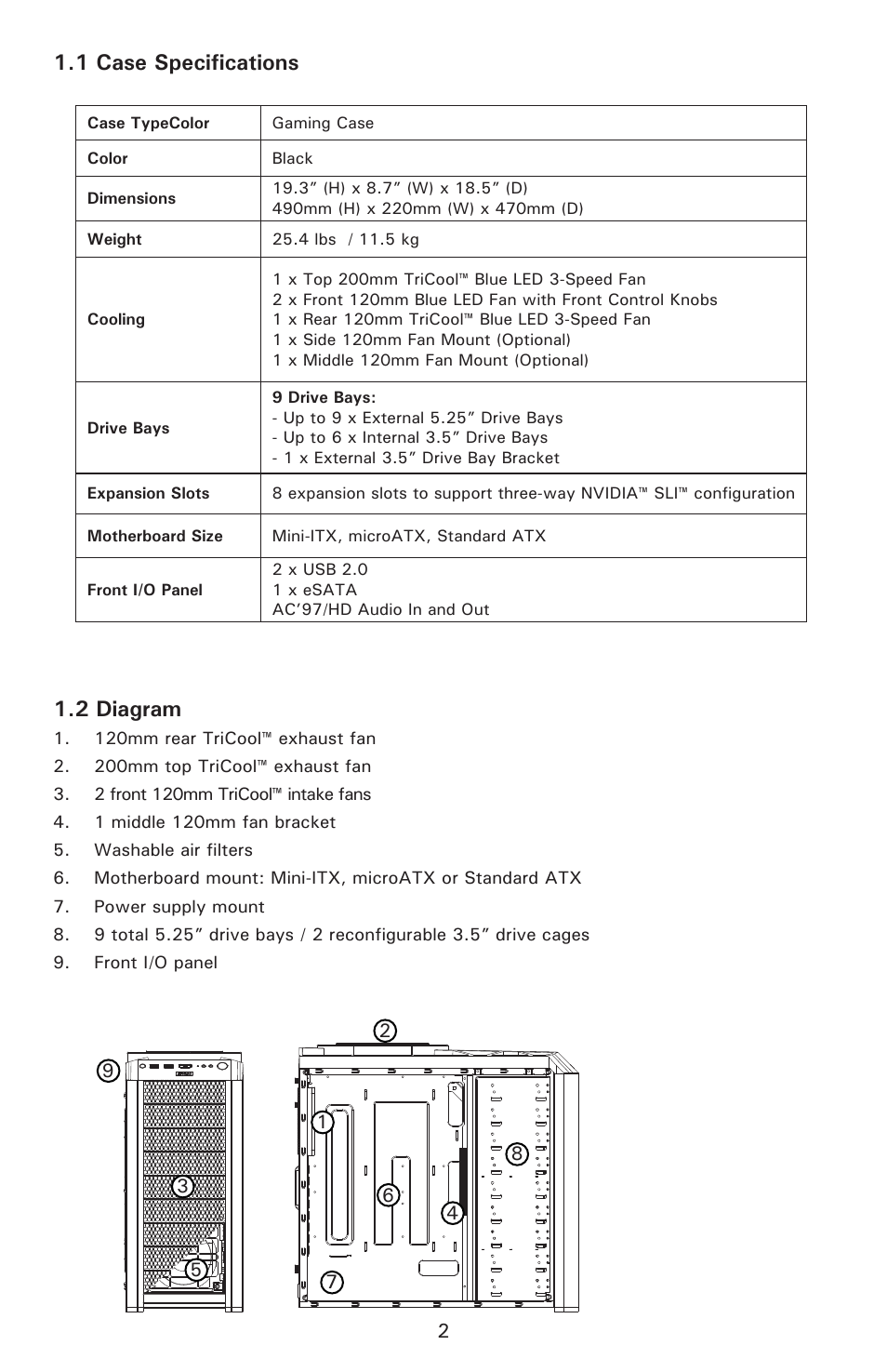1 case specifications, 2 diagram | Antec Nine Hundred Two User Manual | Page 4 / 13