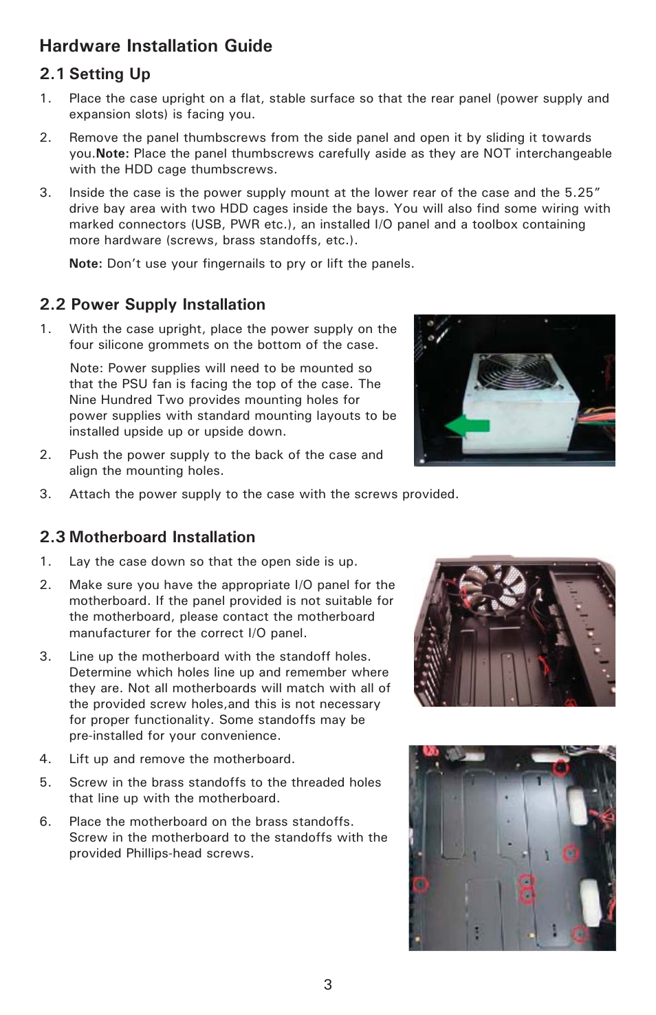 Hardware installation guide, 1 setting up, 2 power supply installation | 3 motherboard installation | Antec Nine Hundred Two User Manual | Page 5 / 13