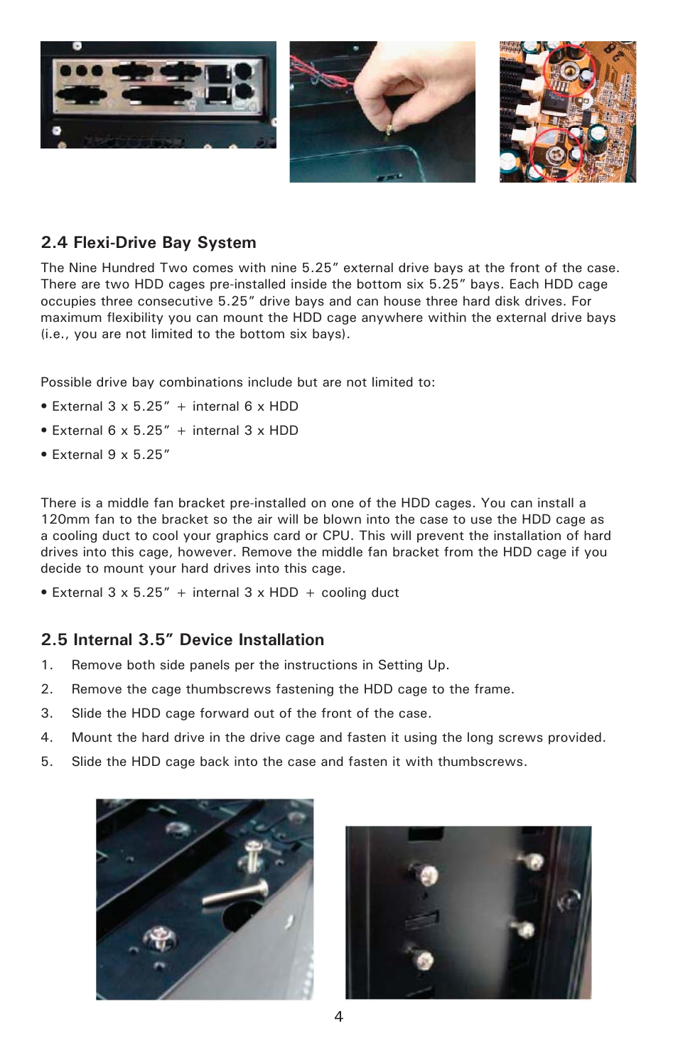 4 flexi-drive bay system, 5 internal 3.5” device installation | Antec Nine Hundred Two User Manual | Page 6 / 13