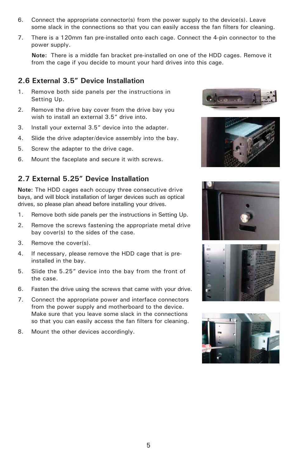 6 external 3.5” device installation, 7 external 5.25” device installation | Antec Nine Hundred Two User Manual | Page 7 / 13