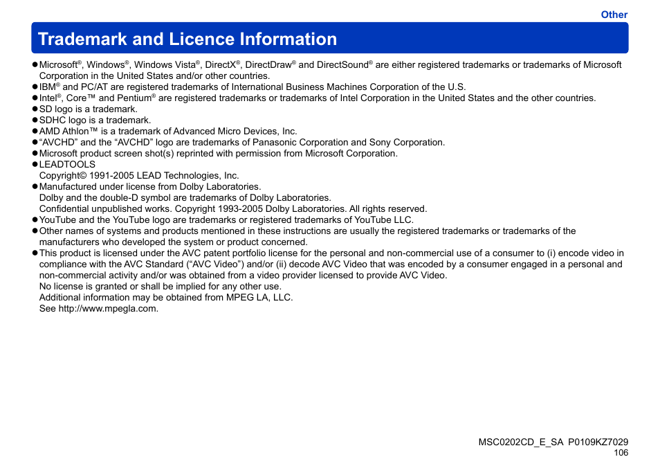 Trademark and licence information | Panasonic -eng User Manual | Page 106 / 106