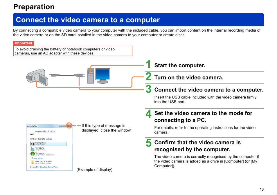 Preparation, Connect the video camera to a computer, Preparation connect the video camera to a computer | Panasonic -eng User Manual | Page 13 / 106