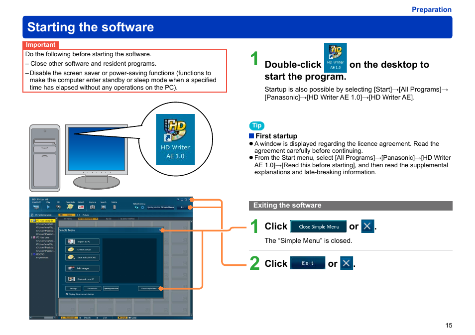 Starting the software, Exiting the software, Exiting the software ………………………………………… 15 | Panasonic -eng User Manual | Page 15 / 106