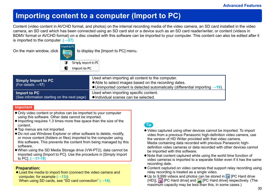 Importing content to a computer (import to pc), Importing to a computer (→30), Selection at a more detailed level (scenes) | Panasonic -eng User Manual | Page 30 / 106