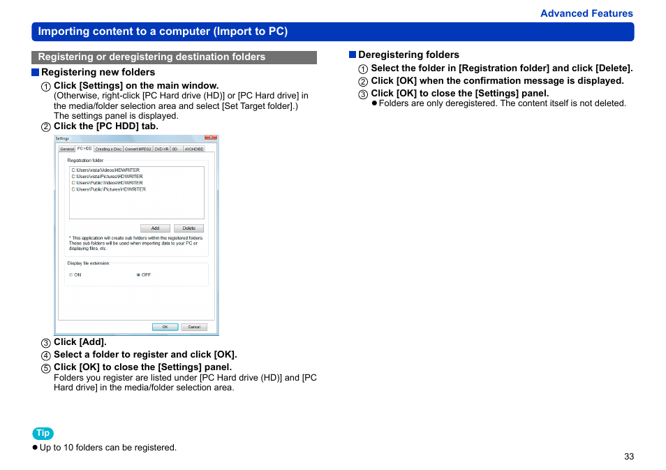 Registering or deregistering destination folders, Registering new folders, Folders for storing content | Panasonic -eng User Manual | Page 33 / 106