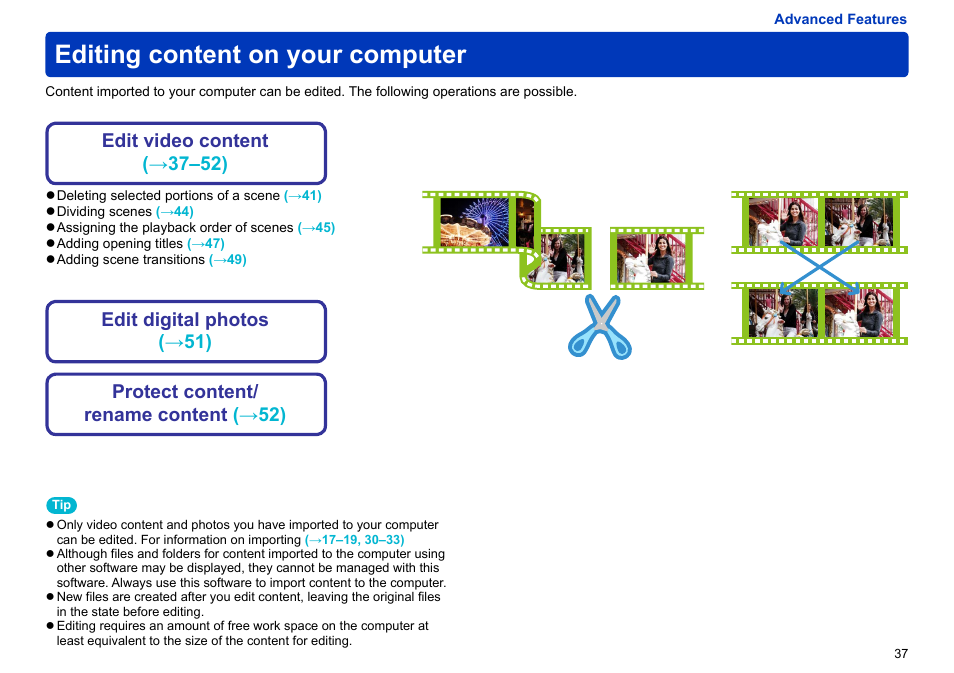 Editing content on your computer, Edit video content ( →37–52) | Panasonic -eng User Manual | Page 37 / 106