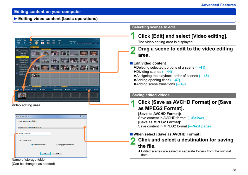 Editing video content (basic operations), Selecting scenes to edit, Saving edited videos | Editing video content (basic operations) ……… 38 | Panasonic -eng User Manual | Page 38 / 106