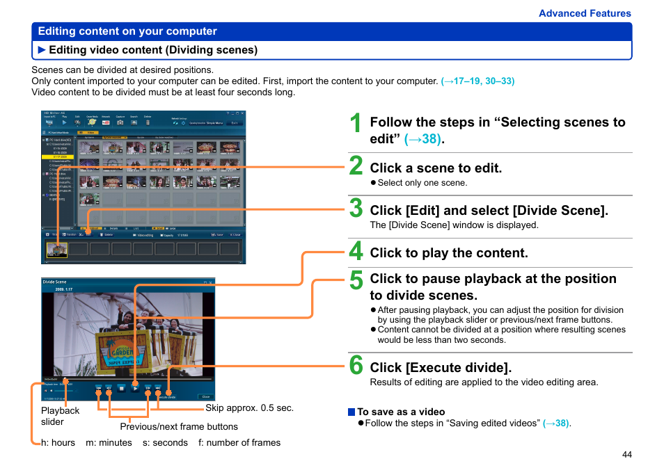 Editing video content (dividing scenes), Editing video content (dividing scenes) ……… 44 | Panasonic -eng User Manual | Page 44 / 106