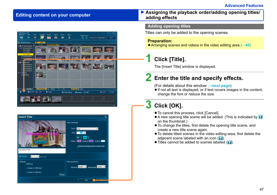 Adding opening titles, Adding opening titles ………………………………………… 47 | Panasonic -eng User Manual | Page 47 / 106