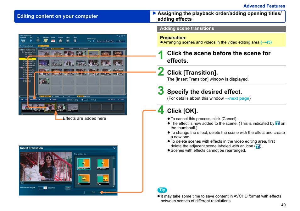 Adding scene transitions, Adding scene transitions …………………………………… 49 | Panasonic -eng User Manual | Page 49 / 106