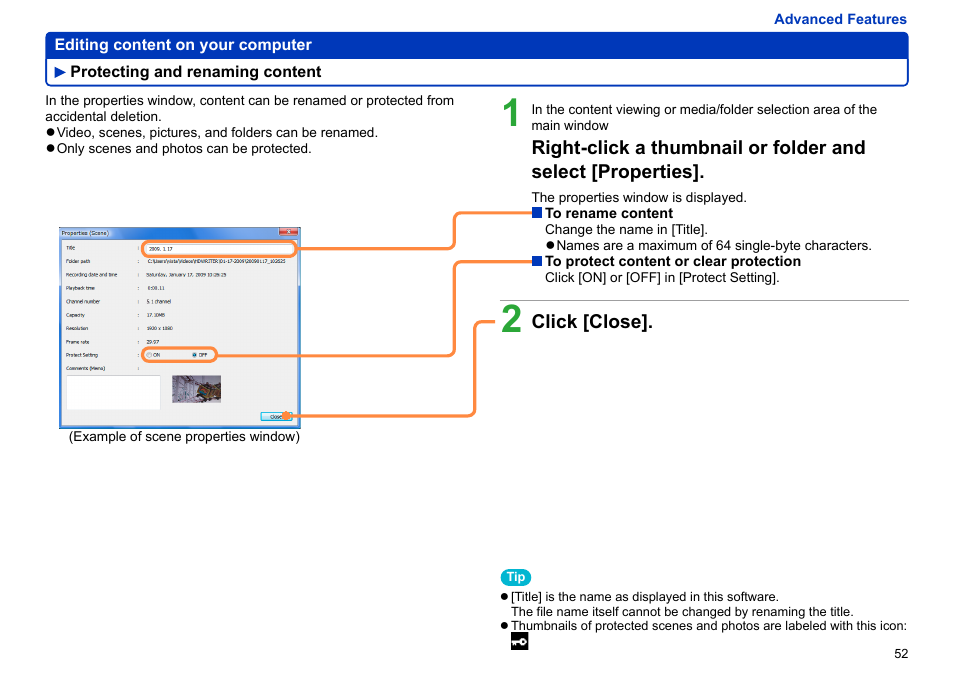 Protecting and renaming content, Protecting and renaming content ……………… 52 | Panasonic -eng User Manual | Page 52 / 106