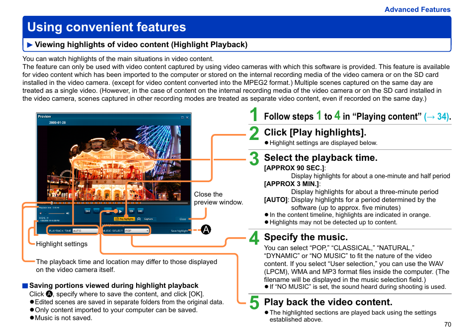 Using convenient features, Viewing highlights of video content, Highlight playback) ……………………………… 70 | Panasonic -eng User Manual | Page 70 / 106