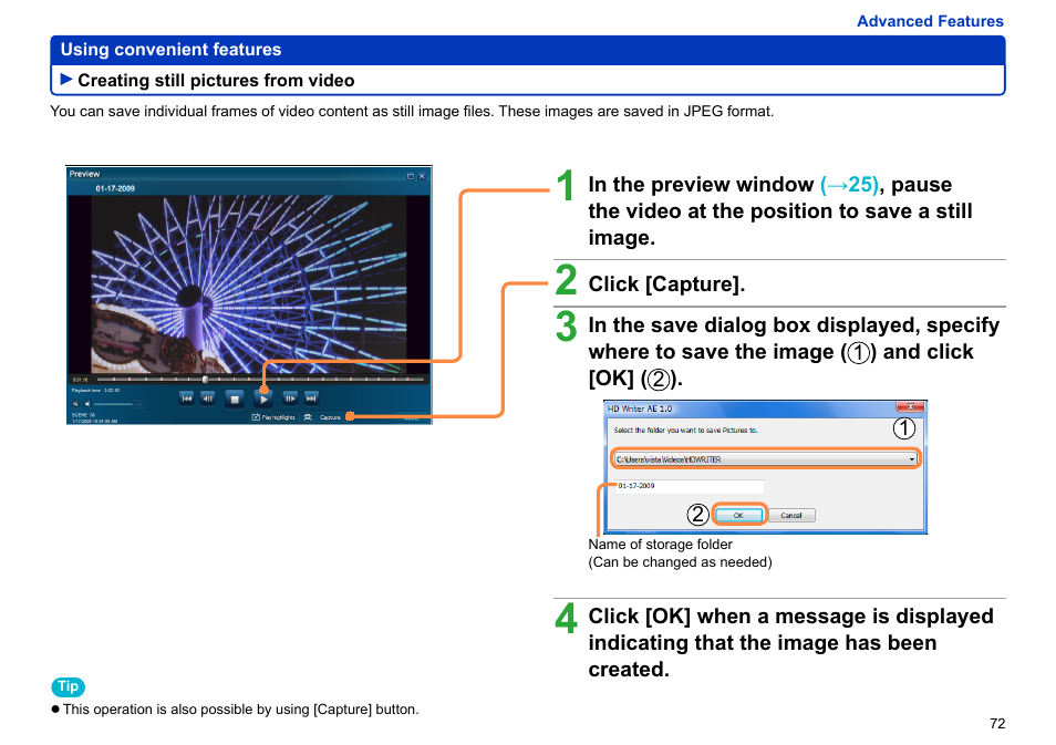 Creating still pictures from video, Creating still pictures from video ……………… 72 | Panasonic -eng User Manual | Page 72 / 106