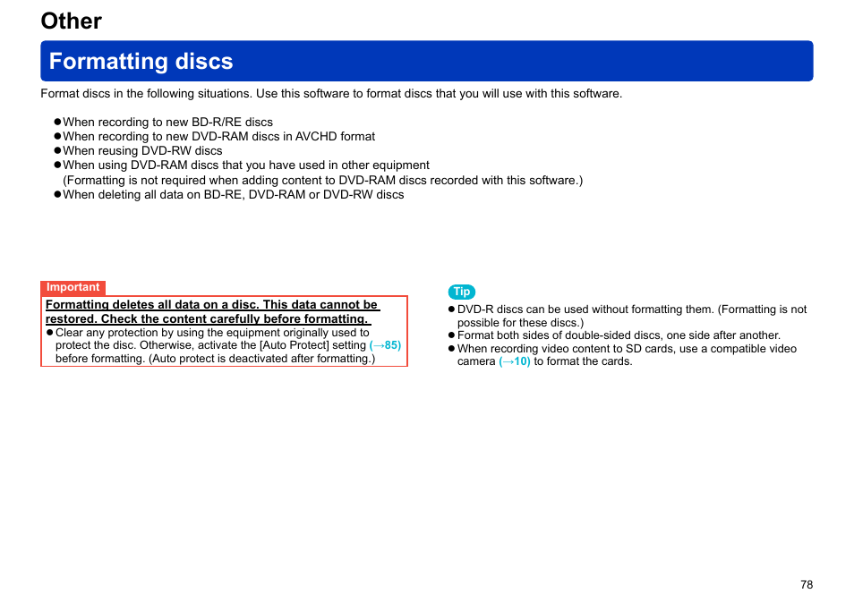 Other, Formatting discs, The disc will delete all content | Content cannot be removed, Other formatting discs | Panasonic -eng User Manual | Page 78 / 106