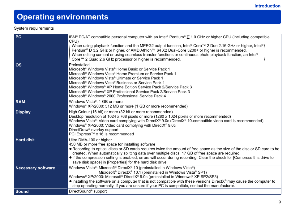 Operating environments | Panasonic -eng User Manual | Page 9 / 106