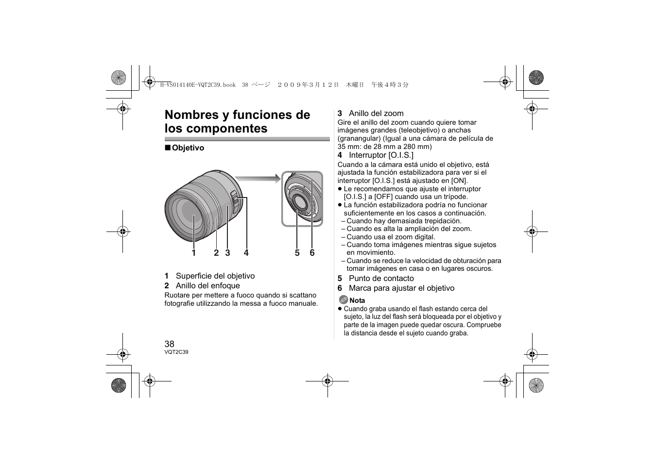 Nombres y funciones de los componentes | Panasonic H-VS014140 User Manual | Page 38 / 72