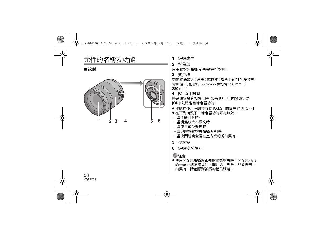 元件的名稱及功能 | Panasonic H-VS014140 User Manual | Page 58 / 72