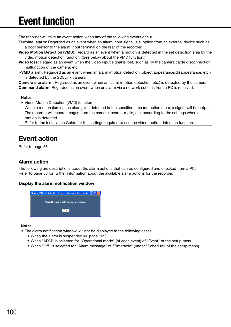 Event function, Event action | Panasonic 616 User Manual | Page 100 / 133