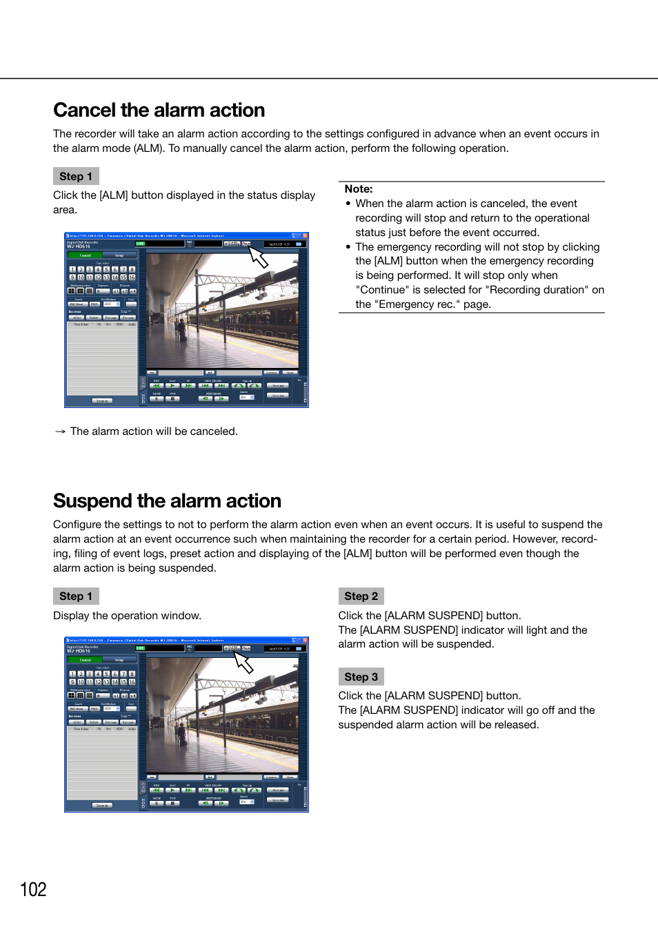 Cancel the alarm action, Suspend the alarm action | Panasonic 616 User Manual | Page 102 / 133