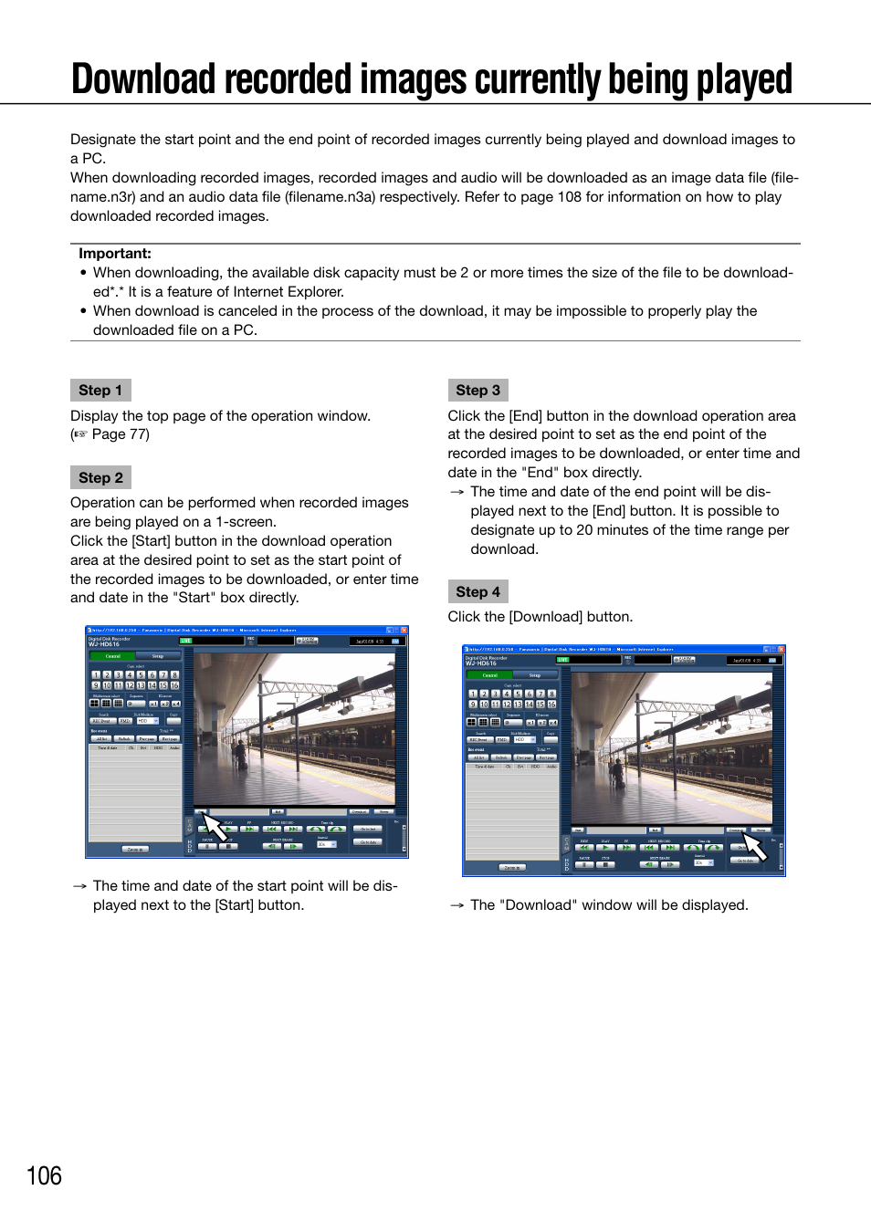 Download recorded images currently being played | Panasonic 616 User Manual | Page 106 / 133