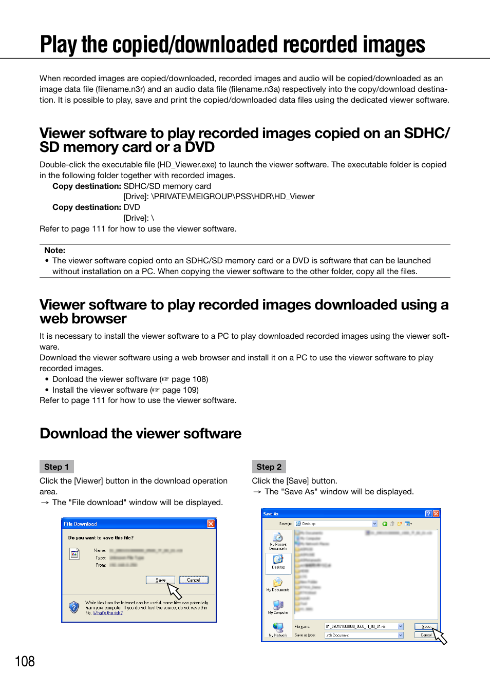 Play the copied/downloaded recorded images, Download the viewer software | Panasonic 616 User Manual | Page 108 / 133