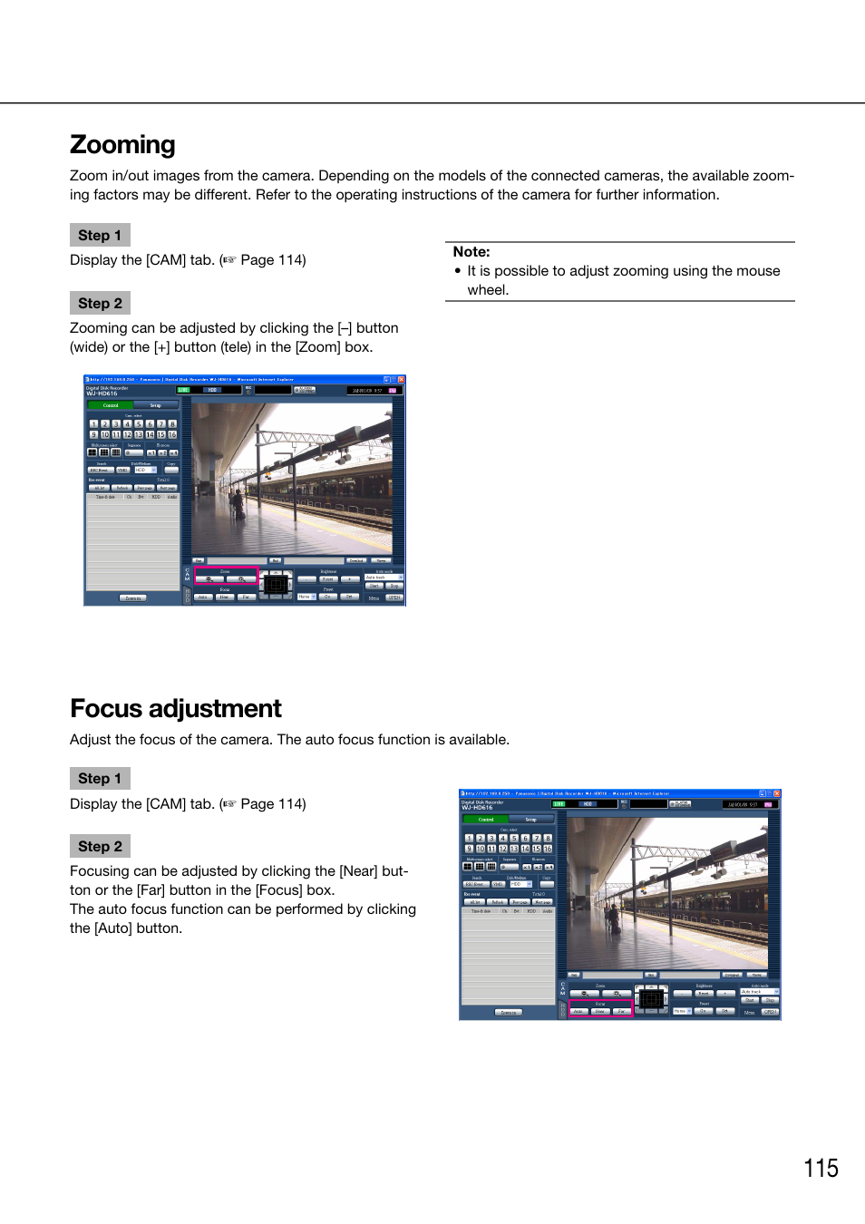 Zooming, Focus adjustment | Panasonic 616 User Manual | Page 115 / 133