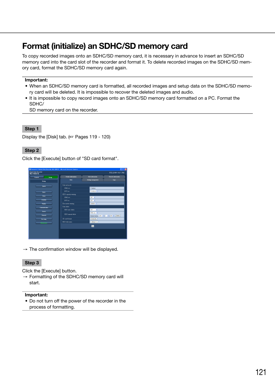 Format (initialize) an sdhc/sd memory card | Panasonic 616 User Manual | Page 121 / 133