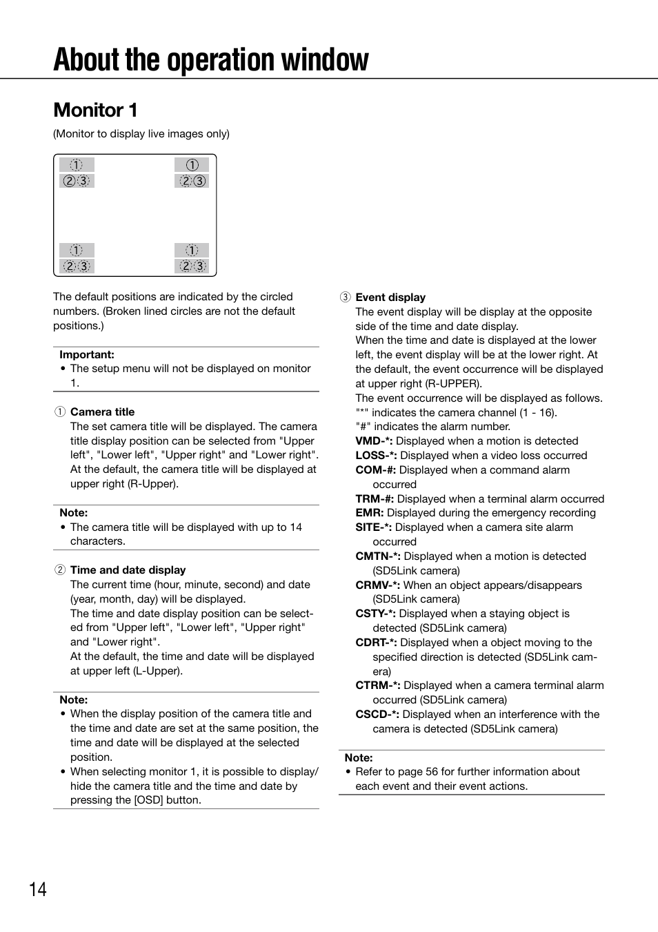 About the operation window, Monitor 1 | Panasonic 616 User Manual | Page 14 / 133