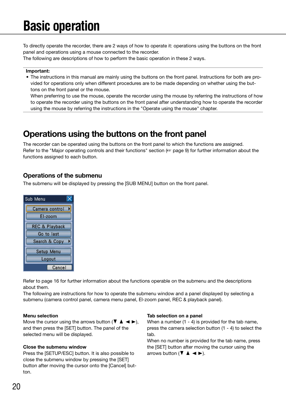 Basic operation, Operations using the buttons on the front panel | Panasonic 616 User Manual | Page 20 / 133