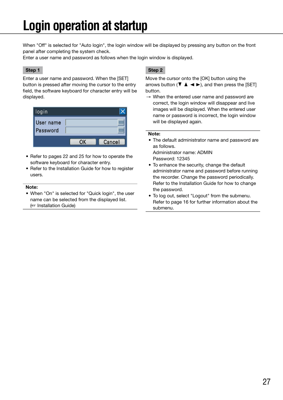 Login operation at startup | Panasonic 616 User Manual | Page 27 / 133