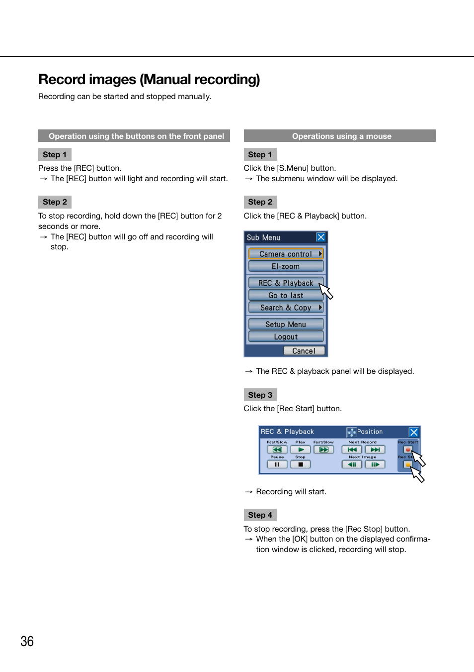 Record images (manual recording), 36 record images (manual recording) | Panasonic 616 User Manual | Page 36 / 133