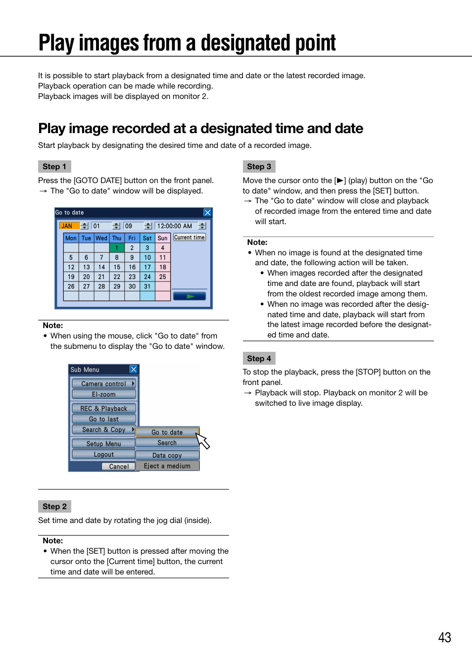 Play images from a designated point, Play image recorded at a designated time and date | Panasonic 616 User Manual | Page 43 / 133