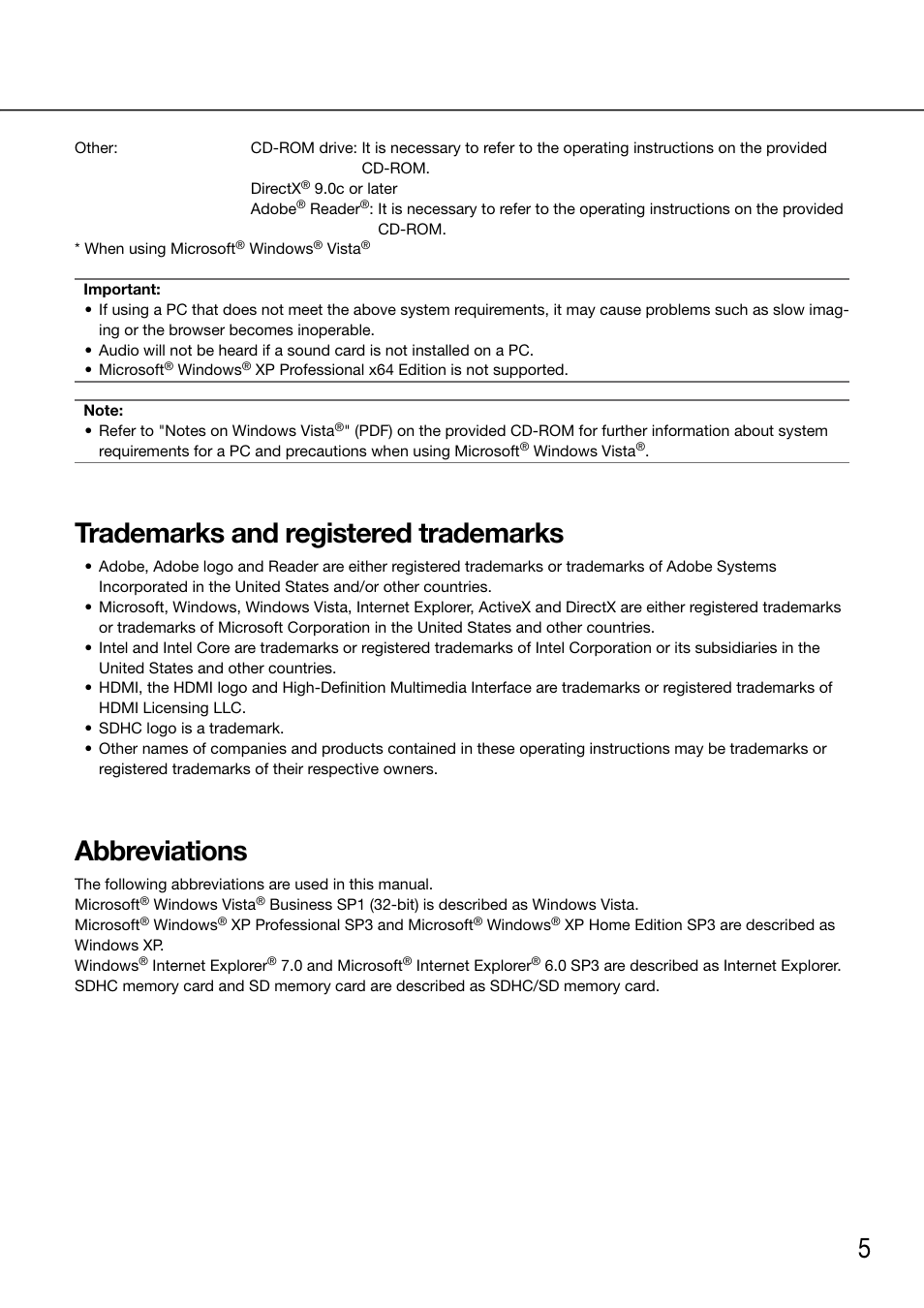 Trademarks and registered trademarks, Abbreviations | Panasonic 616 User Manual | Page 5 / 133