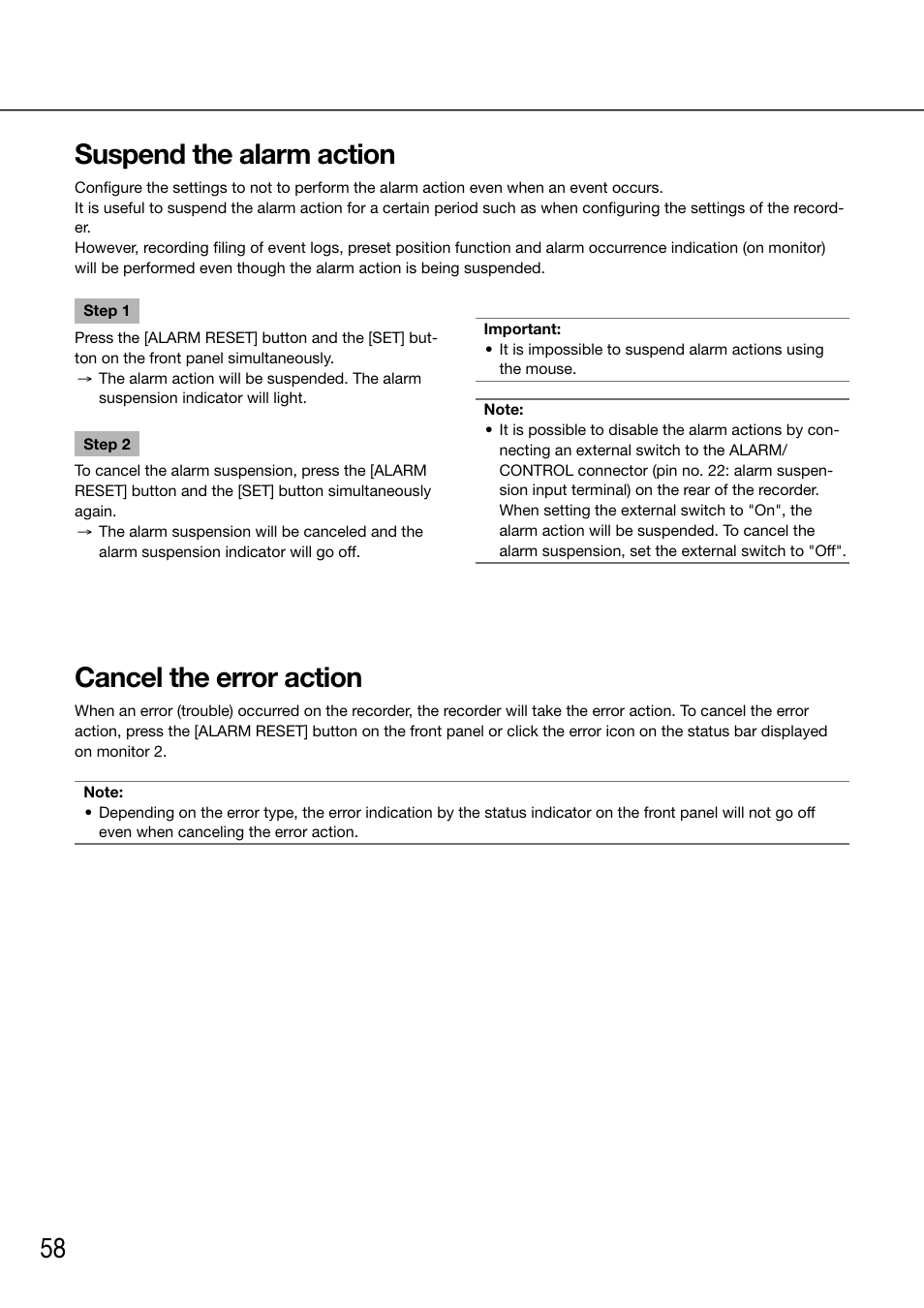 Suspend the alarm action, Cancel the error action, 58 suspend the alarm action | Panasonic 616 User Manual | Page 58 / 133