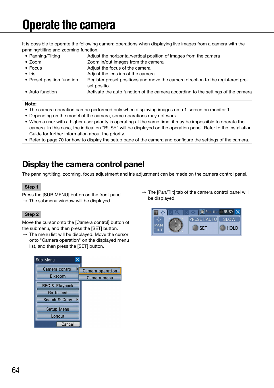 Operate the camera, Display the camera control panel | Panasonic 616 User Manual | Page 64 / 133