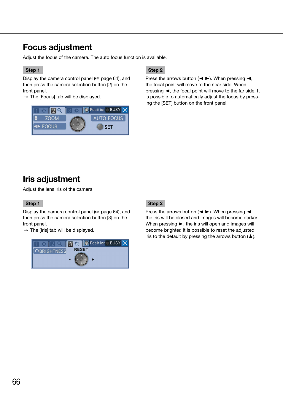 Focus adjustment, Iris adjustment | Panasonic 616 User Manual | Page 66 / 133