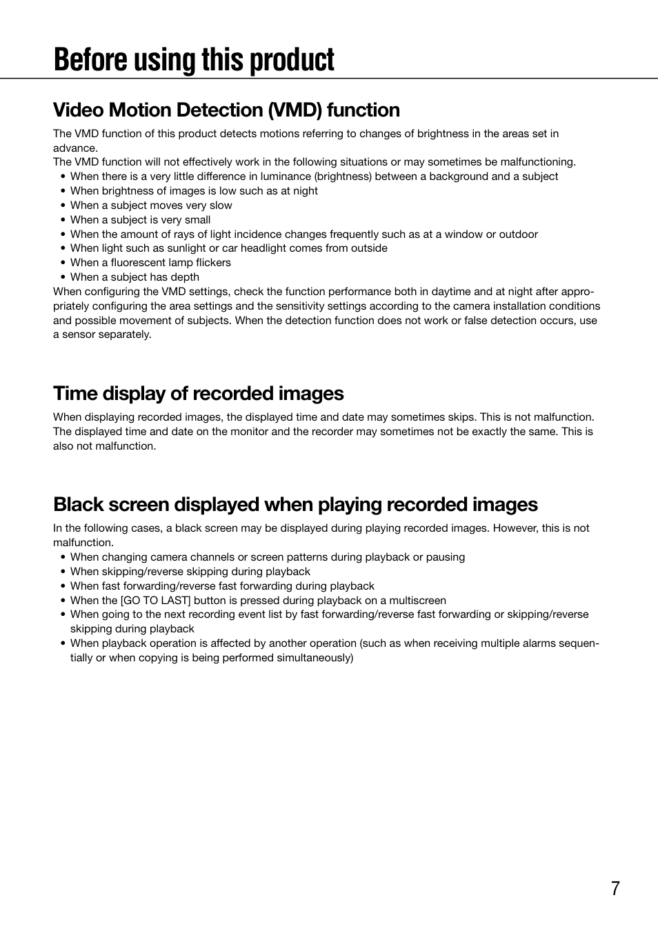 Before using this product, Video motion detection (vmd) function, Time display of recorded images | Panasonic 616 User Manual | Page 7 / 133