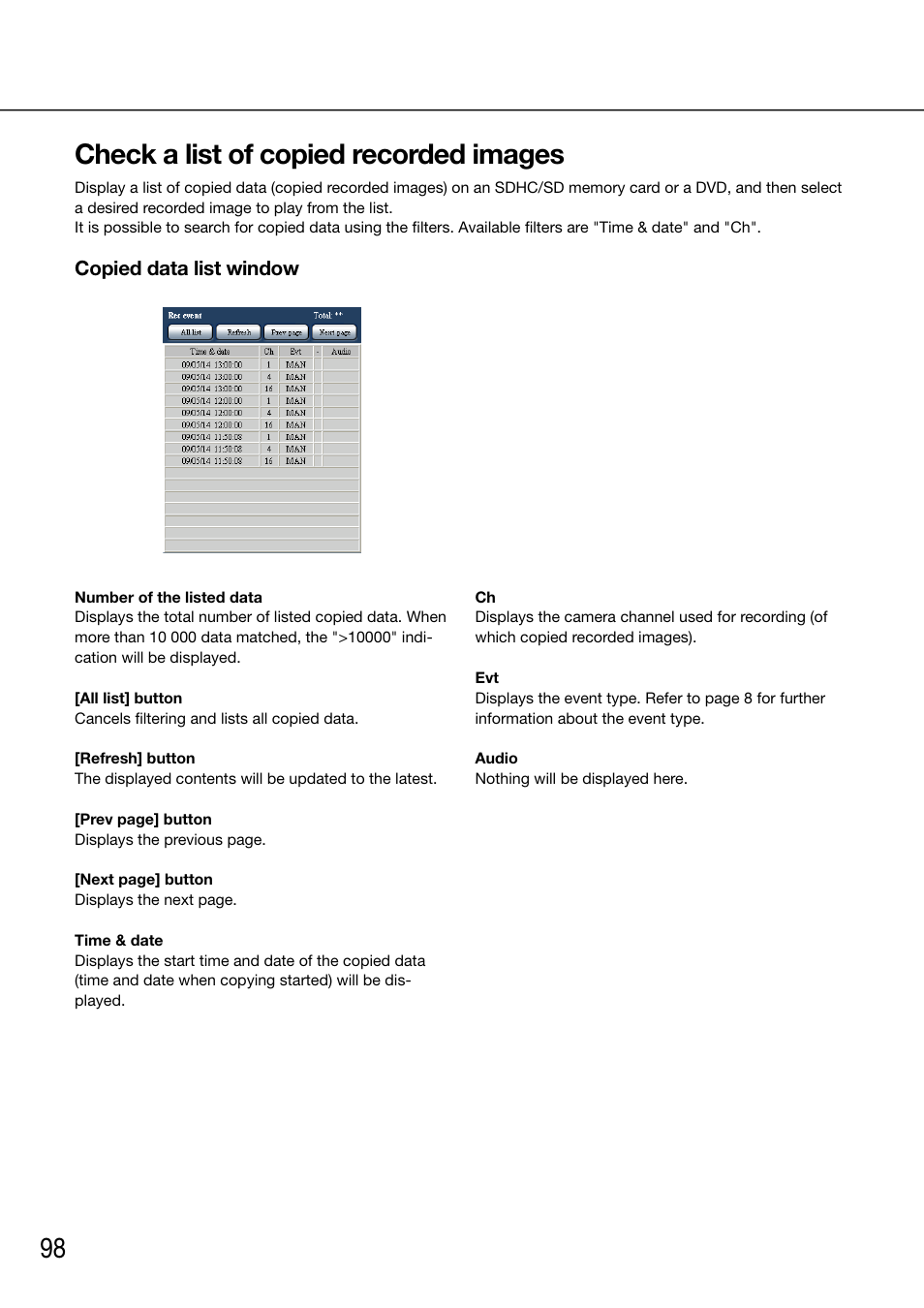 Check a list of copied recorded images | Panasonic 616 User Manual | Page 98 / 133