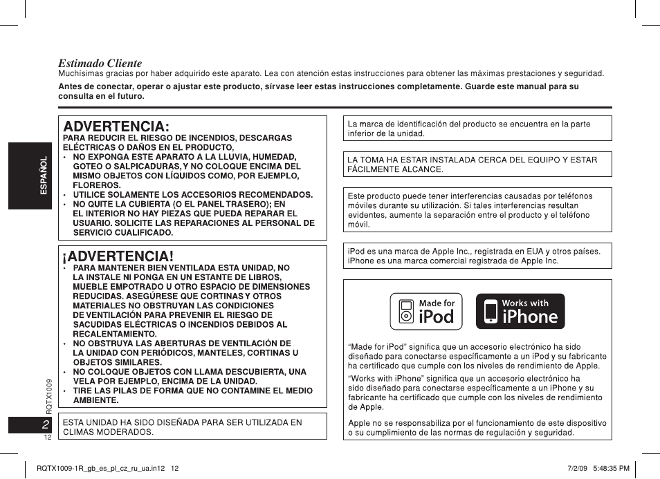 2estimado cliente | Panasonic SC-SP100 User Manual | Page 12 / 52