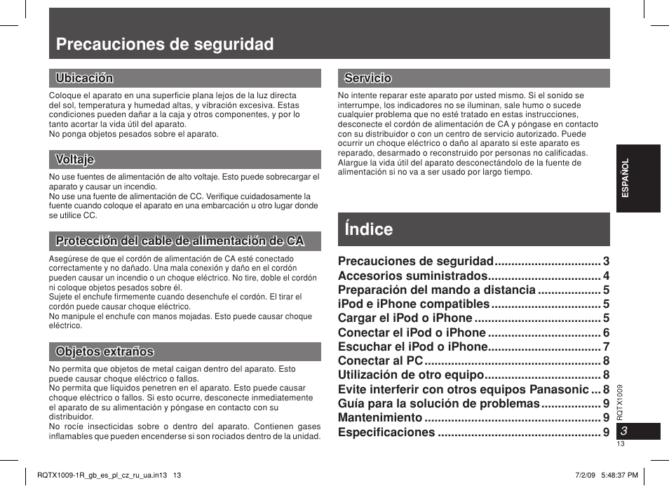 Precauciones de seguridad, Índice | Panasonic SC-SP100 User Manual | Page 13 / 52