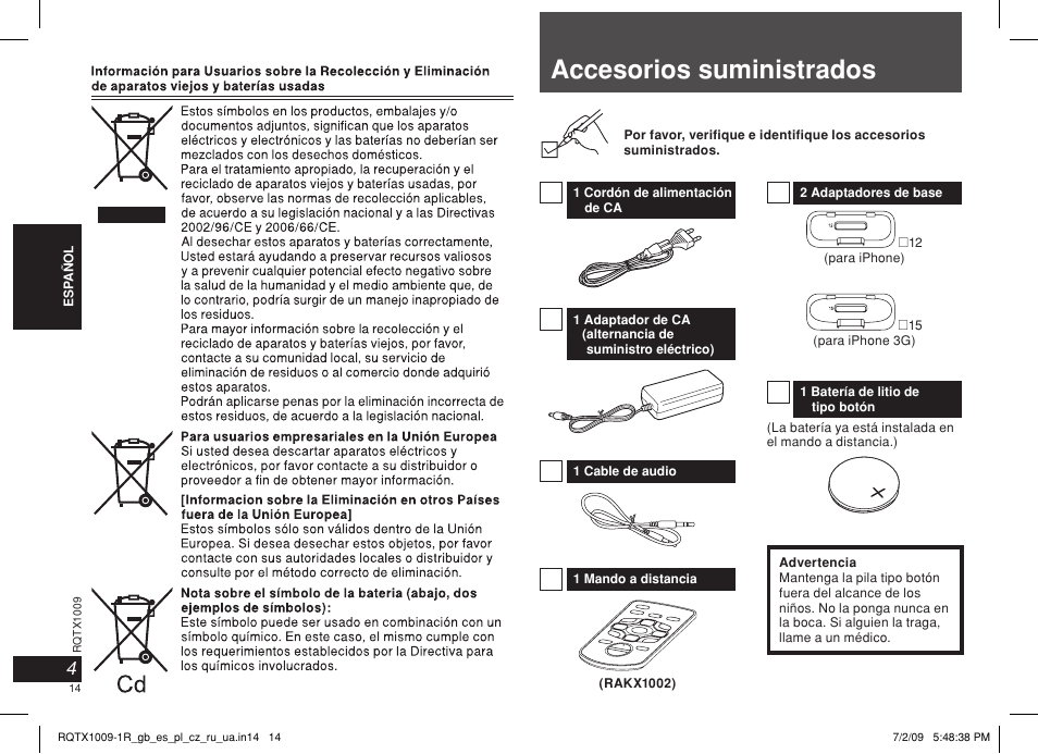 Accesorios suministrados | Panasonic SC-SP100 User Manual | Page 14 / 52