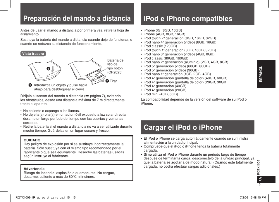 Preparación del mando a distancia, Ipod e iphone compatibles, Cargar el ipod o iphone | Panasonic SC-SP100 User Manual | Page 15 / 52