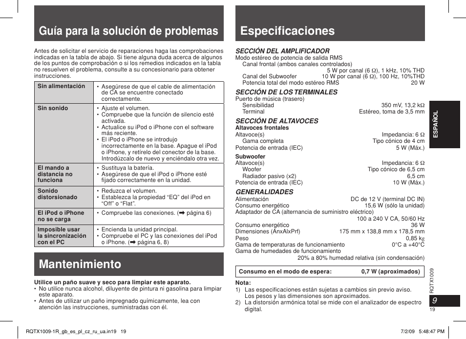 Guía para la solución de problemas, Especifi caciones, Mantenimiento | Panasonic SC-SP100 User Manual | Page 19 / 52