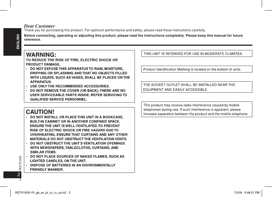 Dear customer | Panasonic SC-SP100 User Manual | Page 2 / 52