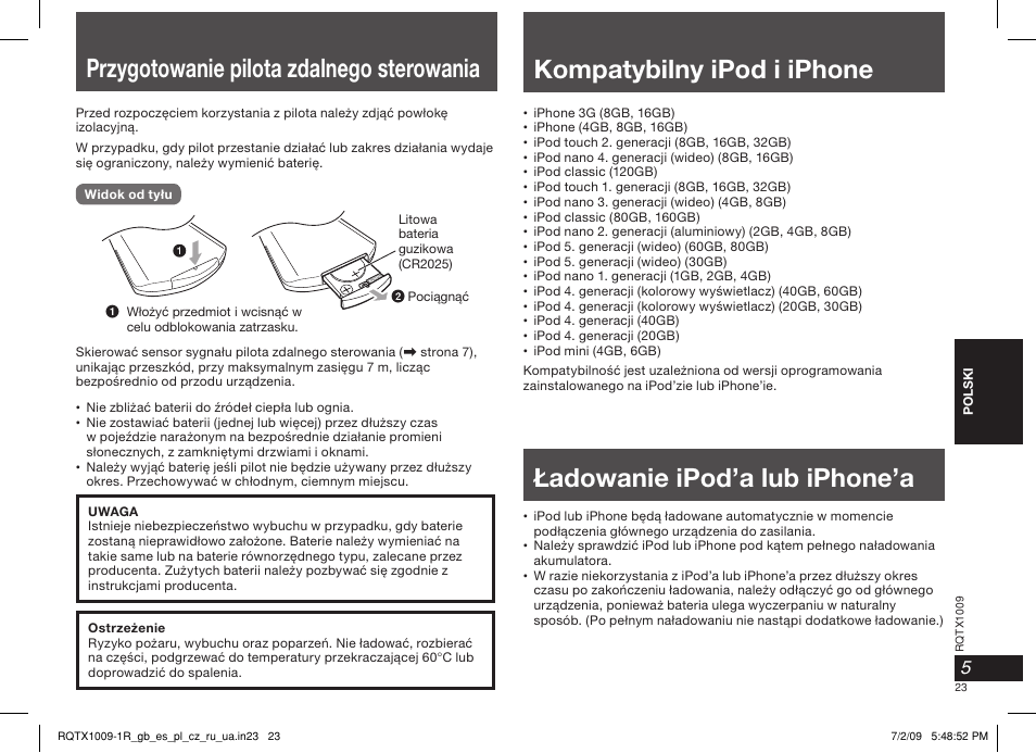 Przygotowanie pilota zdalnego sterowania, Kompatybilny ipod i iphone, Ładowanie ipod’a lub iphone’a | Panasonic SC-SP100 User Manual | Page 23 / 52