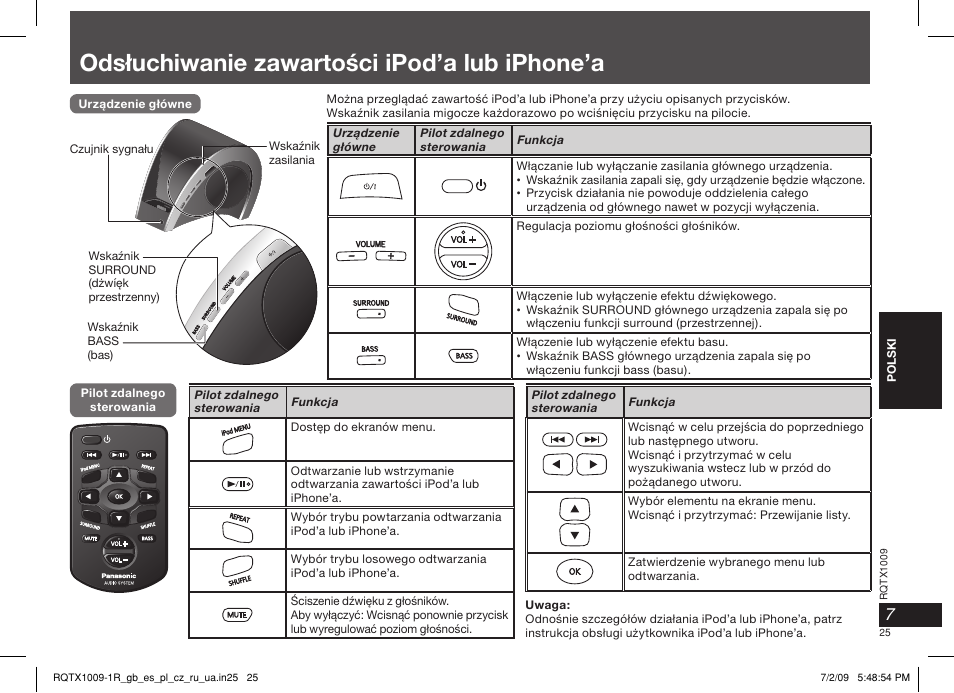 Odsłuchiwanie zawartości ipod’a lub iphone’a | Panasonic SC-SP100 User Manual | Page 25 / 52