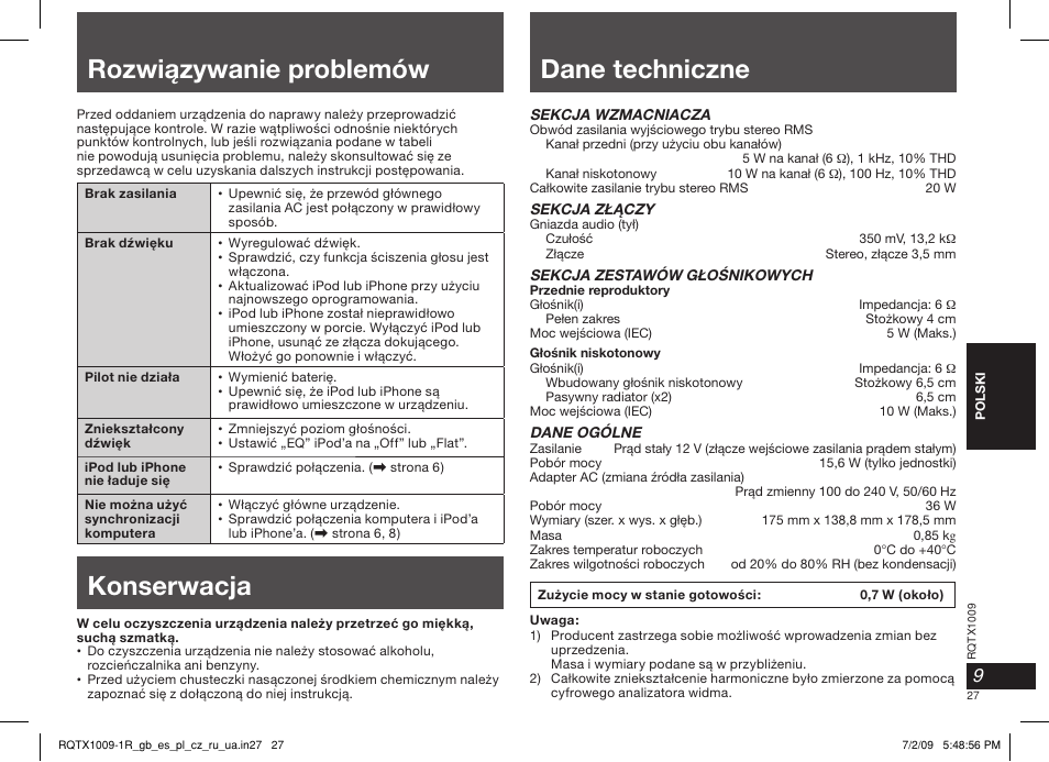 Rozwiązywanie problemów, Dane techniczne, Konserwacja | Panasonic SC-SP100 User Manual | Page 27 / 52